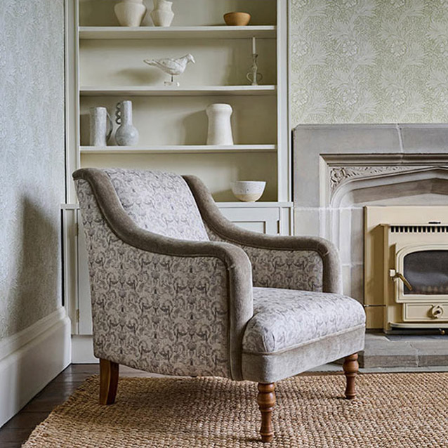 Rothermere Chair in RHS Gertrude Jekyll Ornamental Brown with Arms and Front Border in Mohair Mushroom